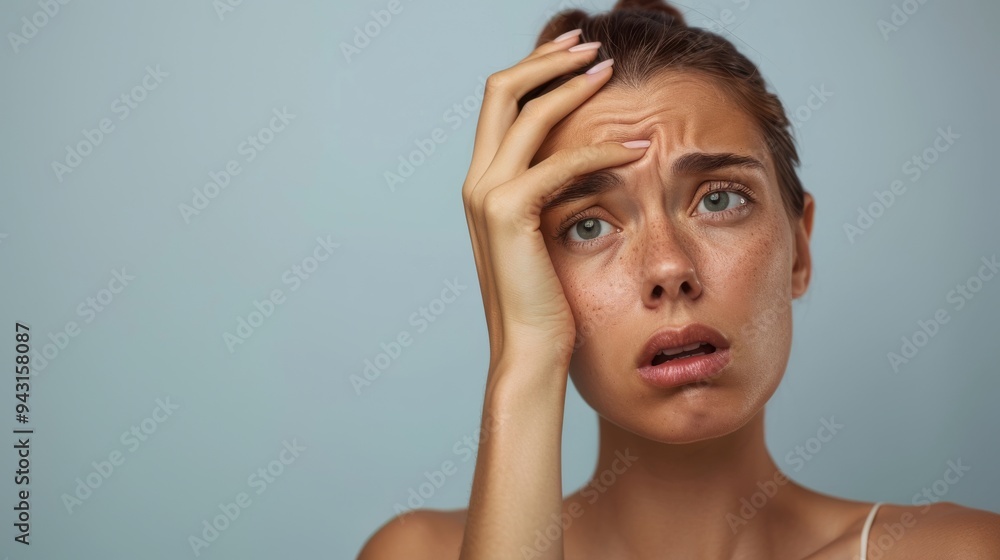 A woman expressing concern or distress, her hand on her forehead, highlighted against a simple backdrop, exemplifying an emotion-driven shot. A woman expressing concern or distress, her hand on her forehead, highlighted against a simple backdrop, exemplifying an emotion-driven shot.