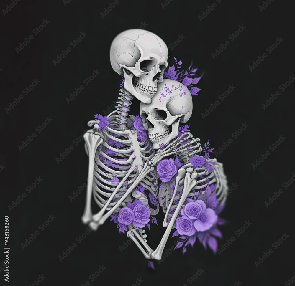 Two skeletons hugging surrounded by flowers. Illustration for Day of the Dead or Halloween Two skeletons hugging surrounded by flowers. Illustration for Day of the Dead or Halloween