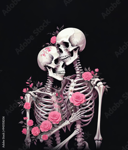 Two skeletons hugging surrounded by flowers. Illustration for Day of the Dead or Halloween