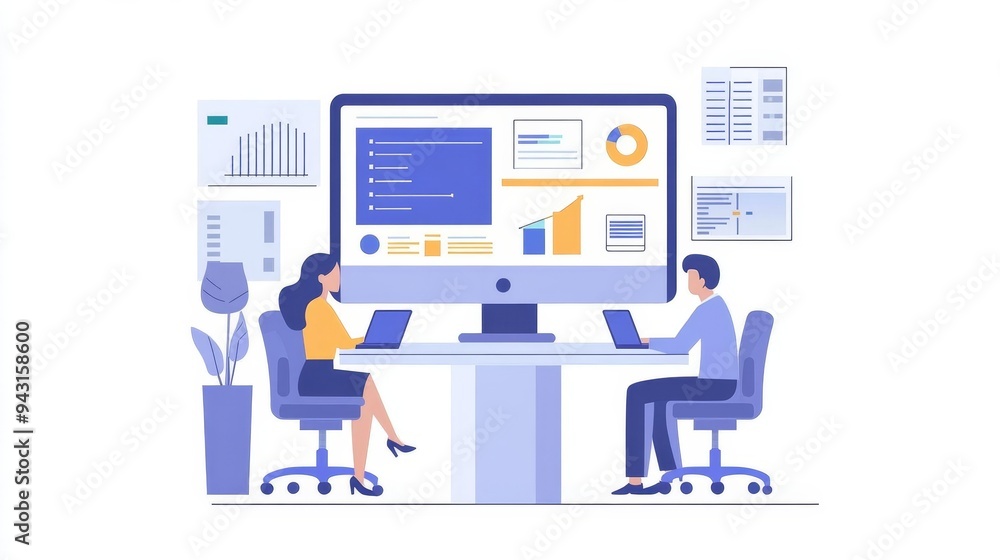 Two people working on a computer with graphs and charts on the screen. Two people working on a computer with graphs and charts on the screen.