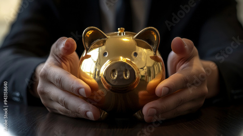 A businessperson shields a golden piggy bank, symbolizing wealth preservation through investments and savings. Concepts include stock funding, financial planning, and accumulating assets like money an