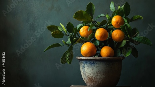 A calamondin plant growing in a pot, showcasing its small, vibrant citrus fruits and lush green leaves. photo