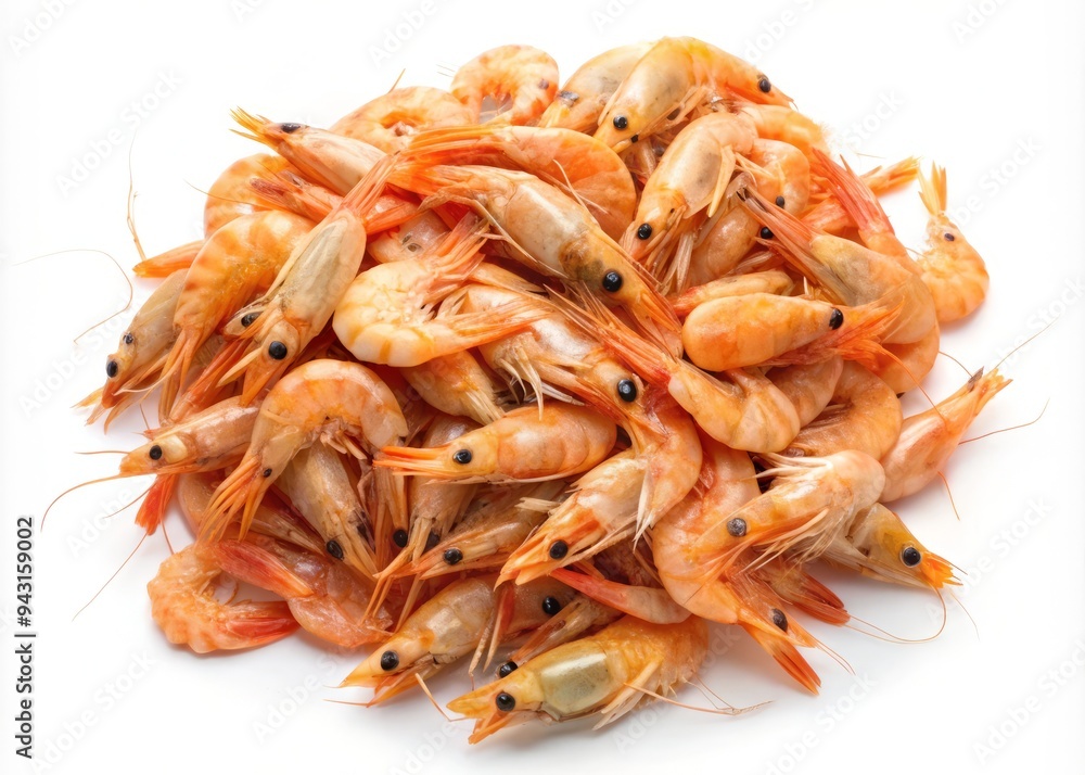 A group of small shrimps rest peacefully on a pristine white background, their tiny bodies glistening in the light. A group of small shrimps rest peacefully on a pristine white background, their tiny bodies glistening in the light.