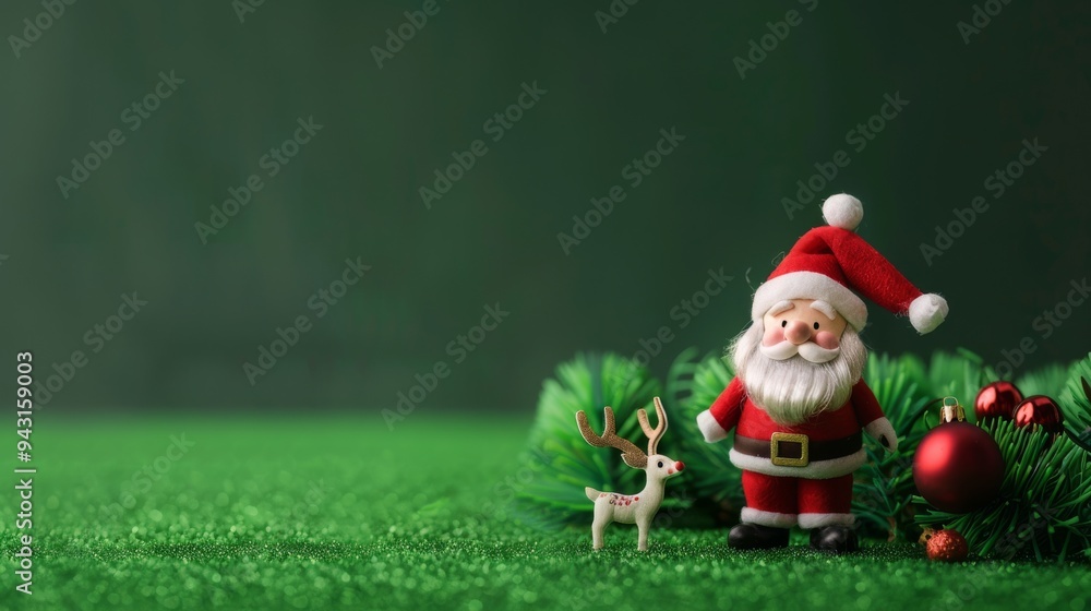 Obraz premium A festive scene with a miniature Santa Claus and reindeer figurines set against a green background, evoking the holiday spirit.