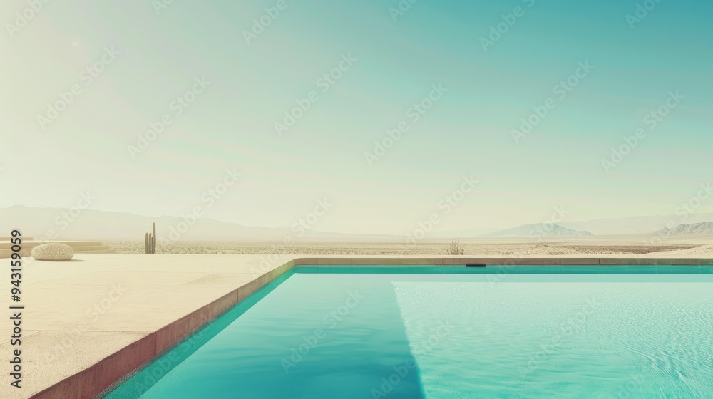 An inviting clear blue pool stretches out into a vast desert landscape under a wide, pale sky, creating a cool oasis in the arid expanse. An inviting clear blue pool stretches out into a vast desert landscape under a wide, pale sky, creating a cool oasis in the arid expanse.