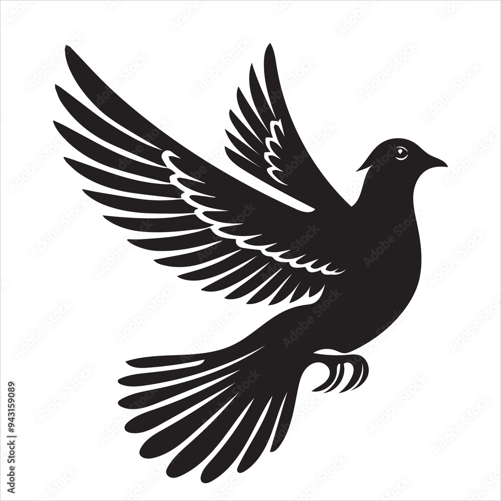 Fototapeta premium Mourning Dove Silhouette - Zenaida macroura Clipart - Mourning Dove flying wings angled backward Illustration in black and white 