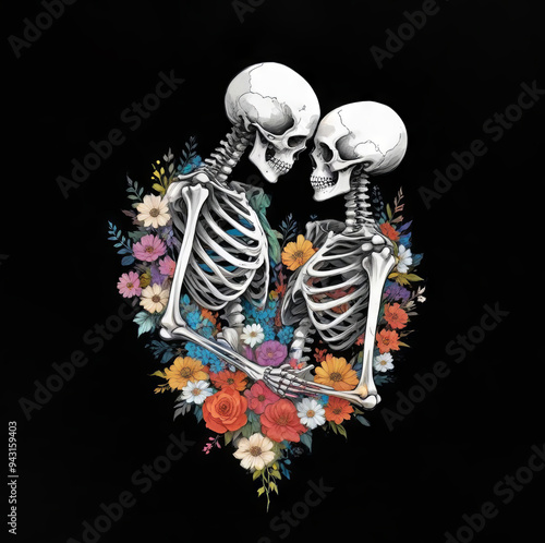 Two skeletons hugging surrounded by flowers. Illustration for Day of the Dead or Halloween