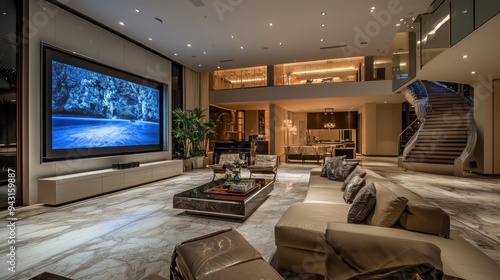 Luxury Living Room with Large Screen and Curved Staircase