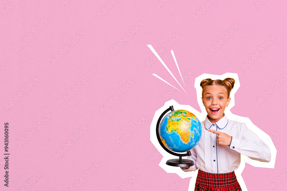 Fototapeta premium Composite photo collage of astonished girl hold globe supply geography lesson preparation education fall isolated on painted background