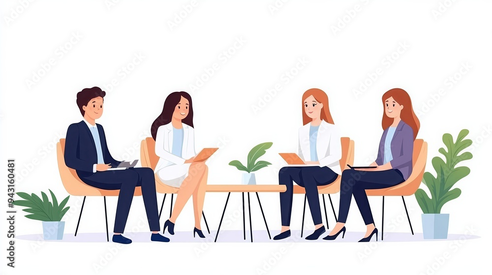 Illustration of four business professionals, three women and one man, seated in a modern office setting, engaged in a meeting or discussion. Illustration of four business professionals, three women and one man, seated in a modern office setting, engaged in a meeting or discussion.