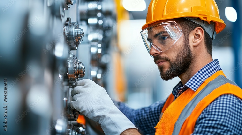 A worker in safety gear operating machinery in a modern industrial environment, showcasing professionalism and focus. A worker in safety gear operating machinery in a modern industrial environment, showcasing professionalism and focus.