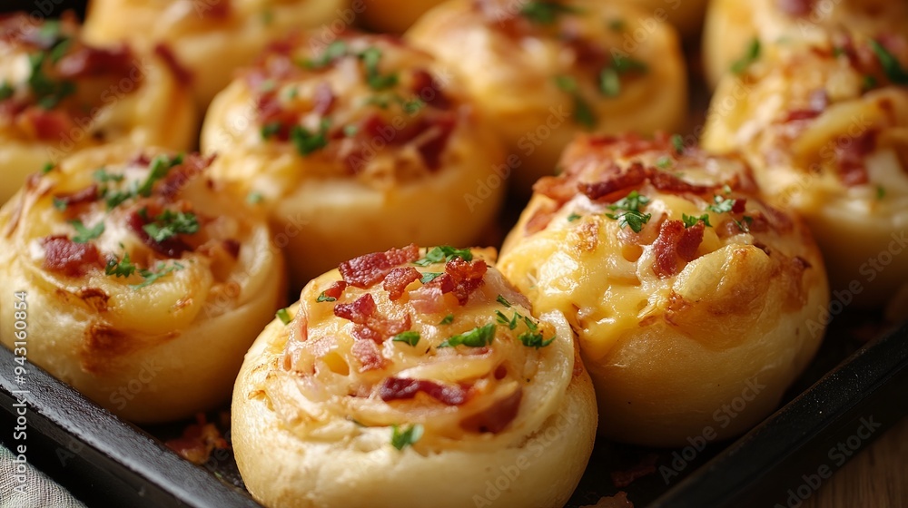 Rolls filled with cheese and bacon, served alongside a hearty onion and potato side dish. Rolls filled with cheese and bacon, served alongside a hearty onion and potato side dish.