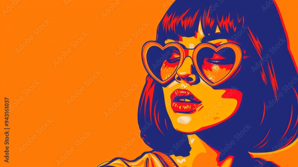 a drawing of a woman with heart shaped glasses, pop art style, flat shading a drawing of a woman with heart shaped glasses, pop art style, flat shading