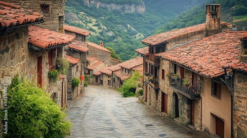 Rupit, a medieval city nestled in the mountains, is characterized by its red-tiled rooftops and historic charm. photo