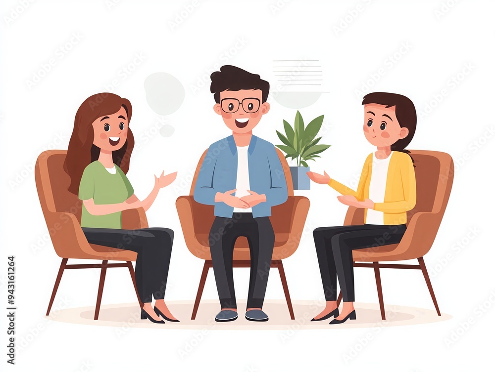 A cheerful group of three people sitting and chatting in a relaxed setting with a potted plant in the background, illustrated in a cartoon style. A cheerful group of three people sitting and chatting in a relaxed setting with a potted plant in the background, illustrated in a cartoon style.