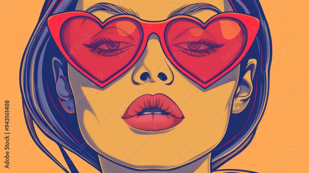 a drawing of a woman with heart shaped glasses, pop art style, flat shading a drawing of a woman with heart shaped glasses, pop art style, flat shading