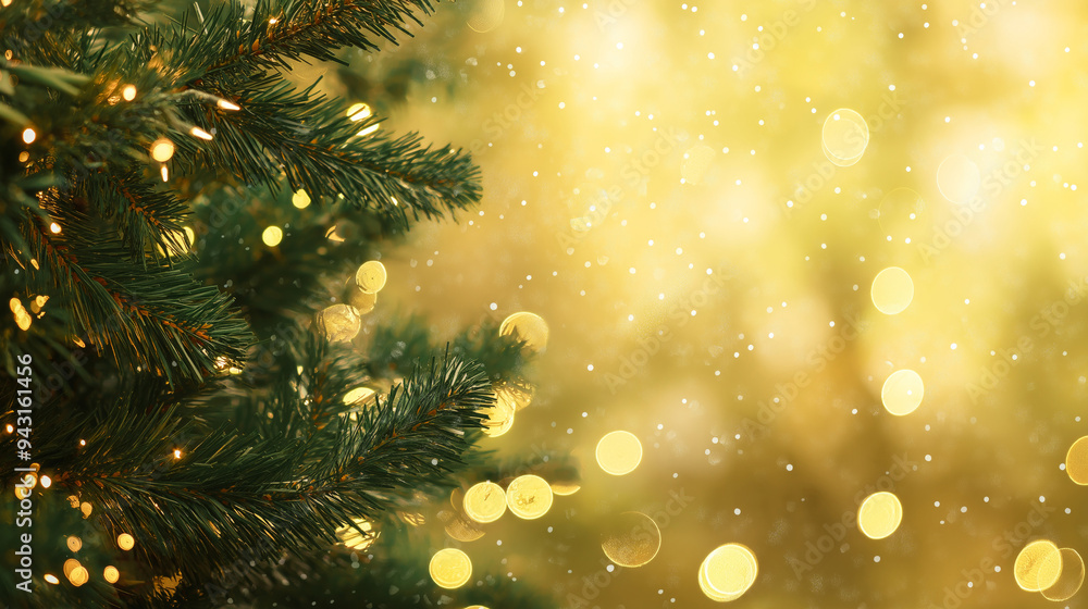Christmas tree branches with snow and glitter and glowing lights background with copy space festive celebration holidays Christmas tree branches with snow and glitter and glowing lights background with copy space festive celebration holidays