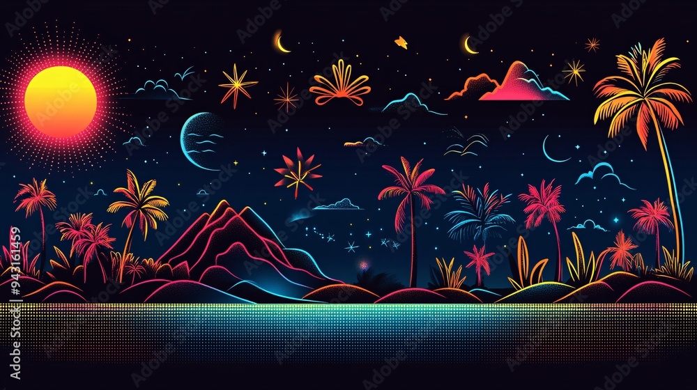 2D vector graphics of Whitehaven Beach icons in dot matrix style, with ...