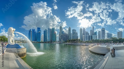 A view of Singapore's cityscape featuring the iconic Merlion statue in a park area, surrounded by lush greenery and overlooking the urban skyline. photo