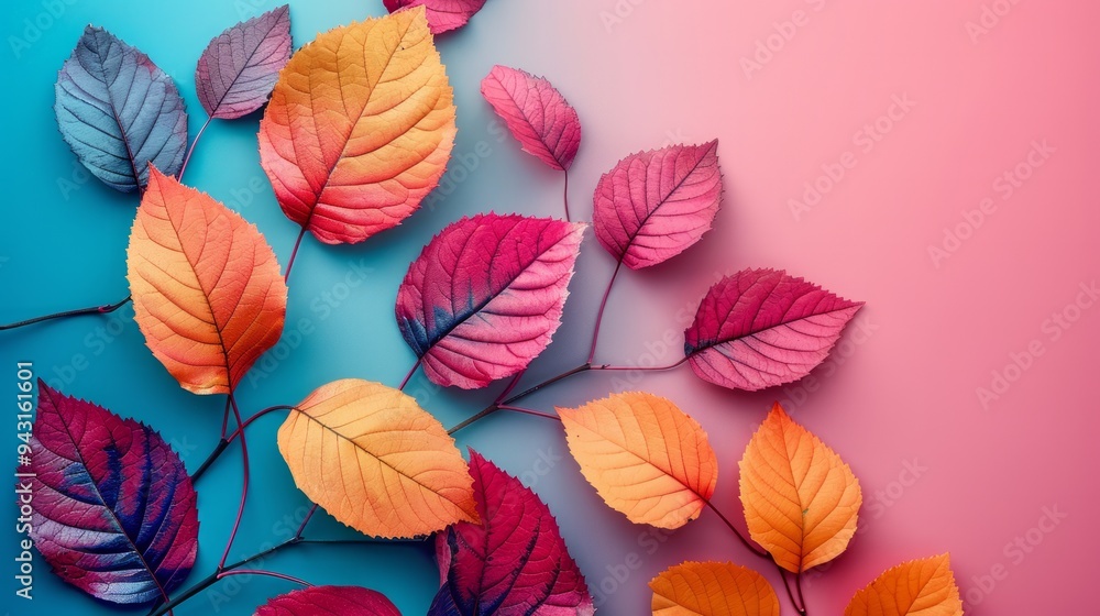 A group of colorful leaves on a pink and blue pastel background A group of colorful leaves on a pink and blue pastel background