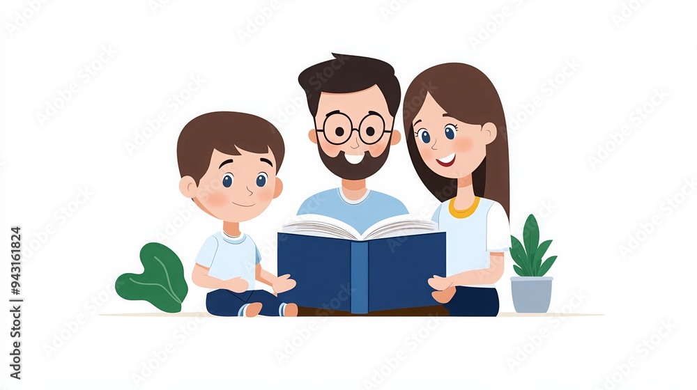 A happy family reading a book together, enjoying quality time, illustrated with a father, mother, and son on a white background. A happy family reading a book together, enjoying quality time, illustrated with a father, mother, and son on a white background.