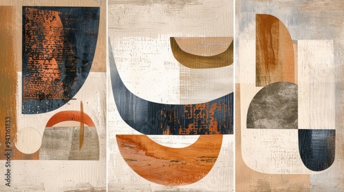 Three abstract paintings of different shapes and sizes, a minimalist painting.