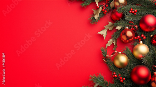 Wallpaper Mural Red background Christmas empty copy space for text with festive Christmas decorations. Christmas branches and balls Torontodigital.ca