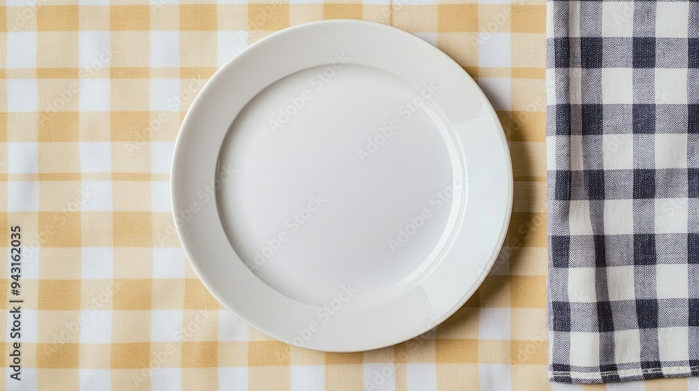 Top view of an empty round white plate placed on a tablecloth against a colored background, with space on the napkin for your design. Top view of an empty round white plate placed on a tablecloth against a colored background, with space on the napkin for your design.