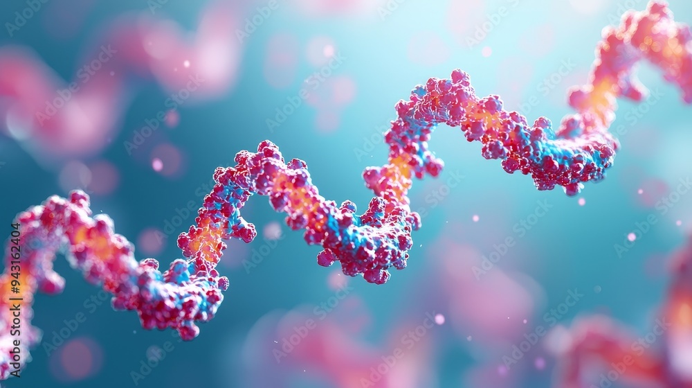 Abstract 3D rendering of a DNA molecule, a double helix structure, with a blue background and scattered particles. Abstract 3D rendering of a DNA molecule, a double helix structure, with a blue background and scattered particles.