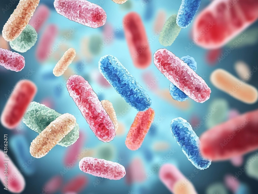 Abstract 3D rendering of colorful bacteria floating in a blue liquid, representing the microscopic world of microorganisms. Abstract 3D rendering of colorful bacteria floating in a blue liquid, representing the microscopic world of microorganisms.