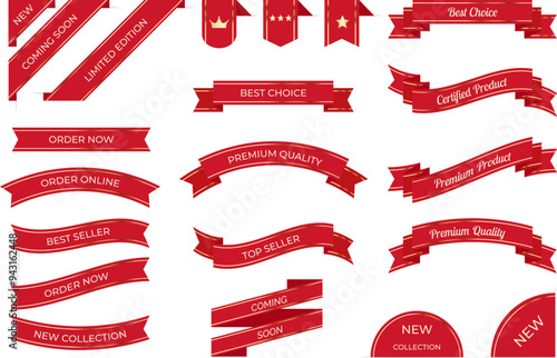 Vector illustration set of premium quality red ribbon banners and bookmarks. Templates for new collection labels and promotion tags, highlighting best seller and best choice. photo