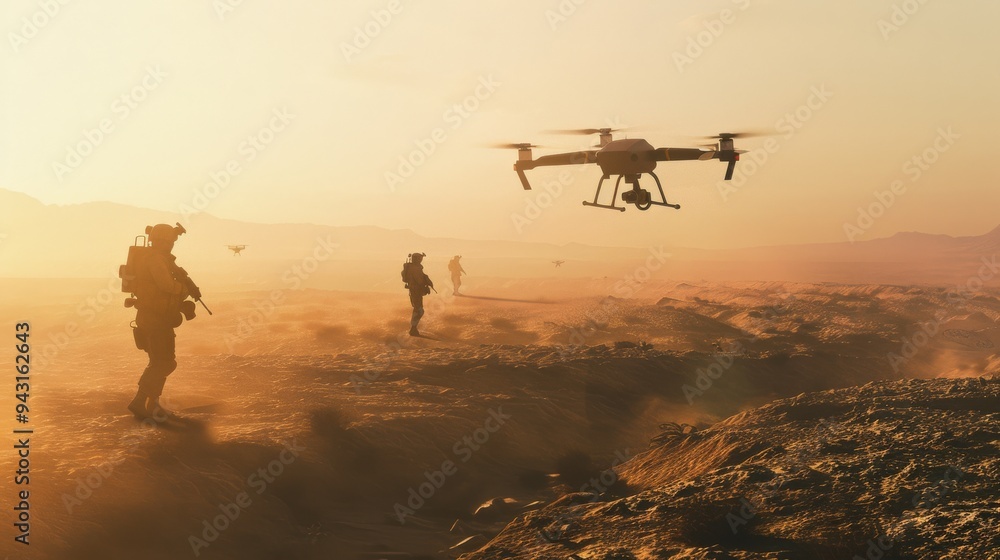 Soldiers walking cautiously through a dusty landscape as multiple surveillance drones fly overhead at sunset, creating a tense atmosphere. Soldiers walking cautiously through a dusty landscape as multiple surveillance drones fly overhead at sunset, creating a tense atmosphere.