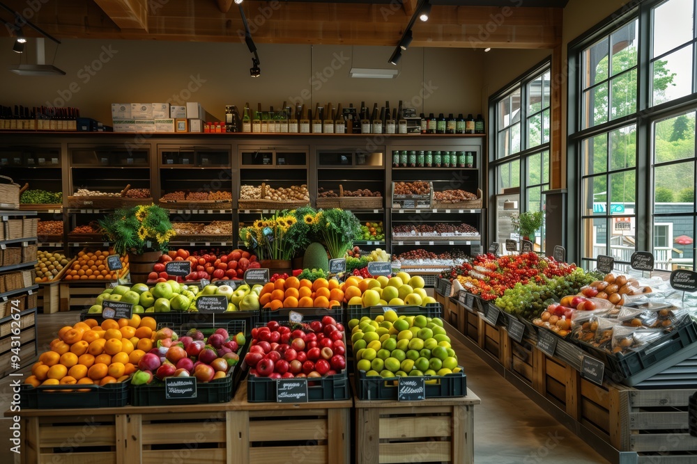 Fruit and vegetable section displaying fresh produce in grocery store Fruit and vegetable section displaying fresh produce in grocery store