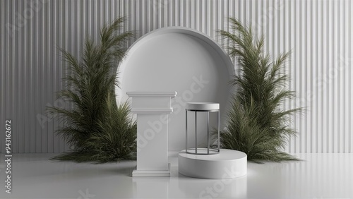 An unoccupied podium or pedestal showcased against a white backdrop featuring a cylindrical stand concept. A neutral display shelf serves as the backdrop for products. 3D visualization. photo