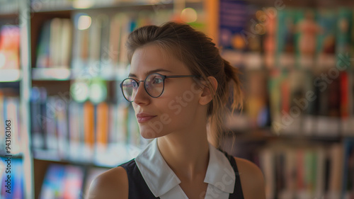 Portrait of a young smart and intelligent woman in a book store