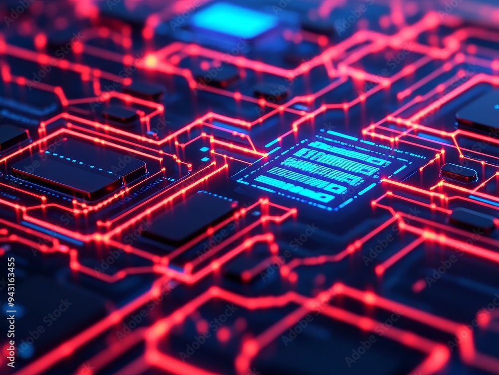 Abstract circuit board with glowing red lines and a blue chip in the center. The image represents technology, innovation, and connection. Abstract circuit board with glowing red lines and a blue chip in the center. The image represents technology, innovation, and connection.