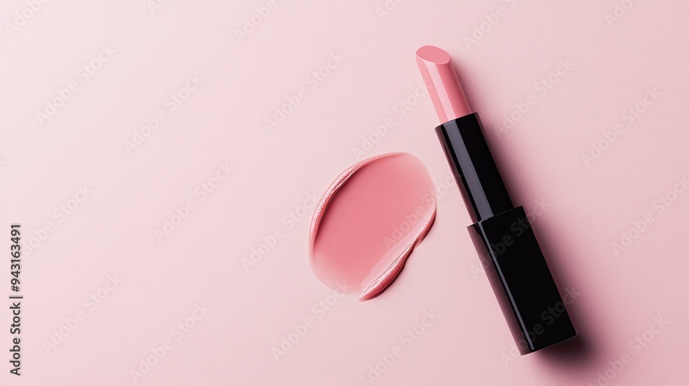 A sleek lip gloss product with a sample smear, displayed on a light pink backdrop, offering elegant copy space for branding. A sleek lip gloss product with a sample smear, displayed on a light pink backdrop, offering elegant copy space for branding.