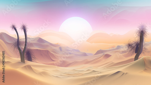 Pastel Desert Dunes Under a Dreamy Sunset Wispy Trees and a Calm Atmosphere