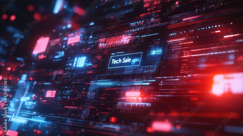 Obraz premium Abstract digital patterns and colors represent a tech sale in a high-tech setting, creating an immersive visual experience