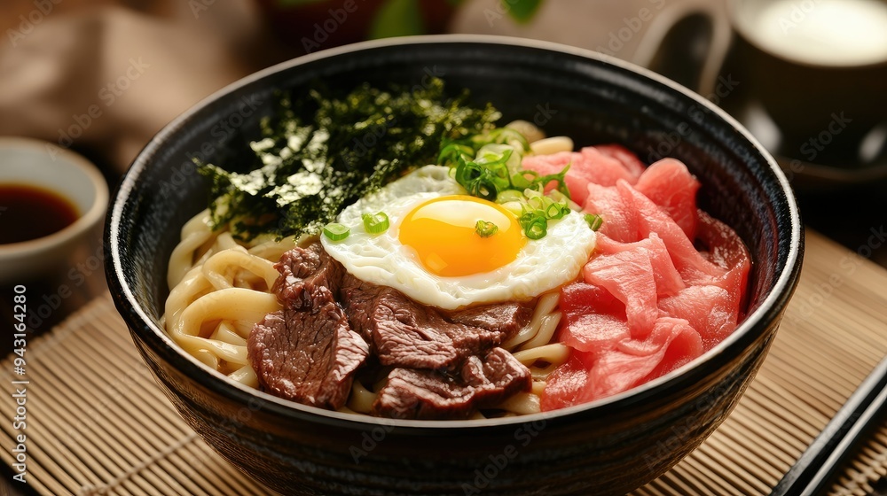 A traditional ceramic bowl filled with udon noodles, beef slices, poached egg, and seaweed, arranged in a vibrant and appetizing display.