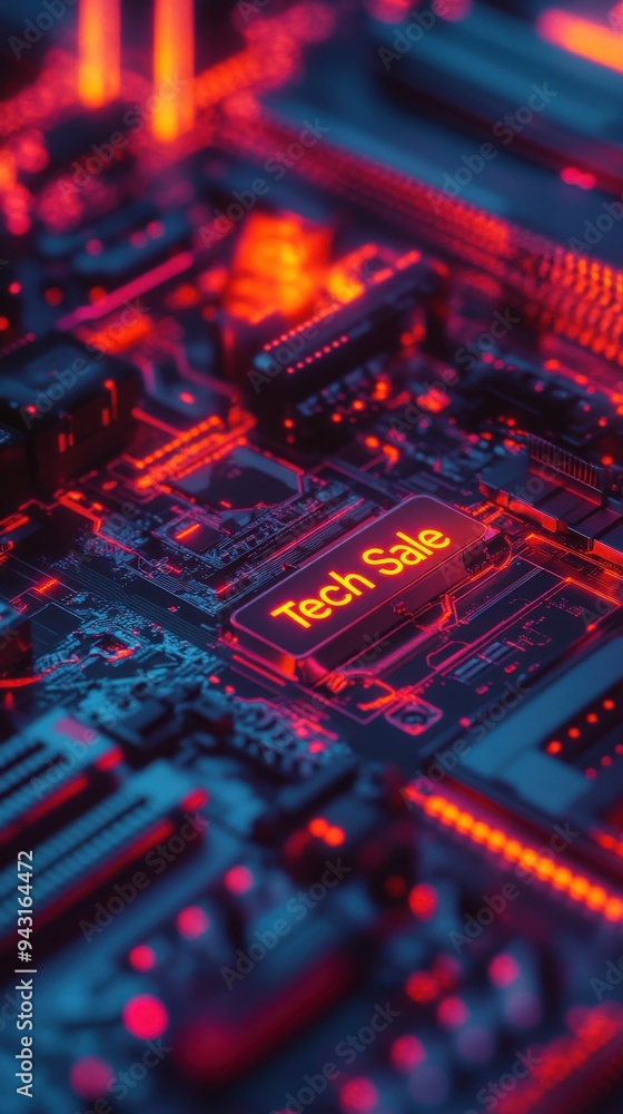 Bright circuit board illuminated in red and orange, focusing on a prominent tech sale announcement within a futuristic setting Bright circuit board illuminated in red and orange, focusing on a prominent tech sale announcement within a futuristic setting