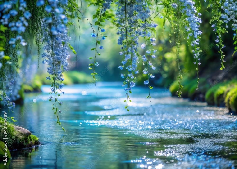 A photo image of wispy vines enveloping a gentle stream, petals of forget-me-not flowers drifting down into the water, soft blue and green hues evoking dreaminess beneath gentle underline A photo image of wispy vines enveloping a gentle stream, petals of forget-me-not flowers drifting down into the water, soft blue and green hues evoking dreaminess beneath gentle underline