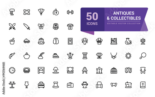 Antiques and Collectibles icon collection. Set of Antique Collectibles Icons. Minimal Linear icon editable vector stroke illustration.
