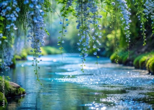 A photo image of wispy vines enveloping a gentle stream, petals of forget-me-not flowers drifting down into the water, soft blue and green hues evoking dreaminess beneath gentle underline photo