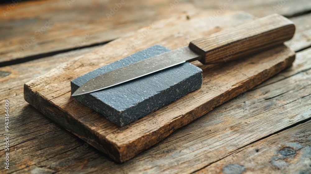 Sharpening knives with a Whetstone. Knife sharpening. Sharp knife and sharpening stone on a wooden cutting board. Sharpening knives with a Whetstone. Knife sharpening. Sharp knife and sharpening stone on a wooden cutting board.
