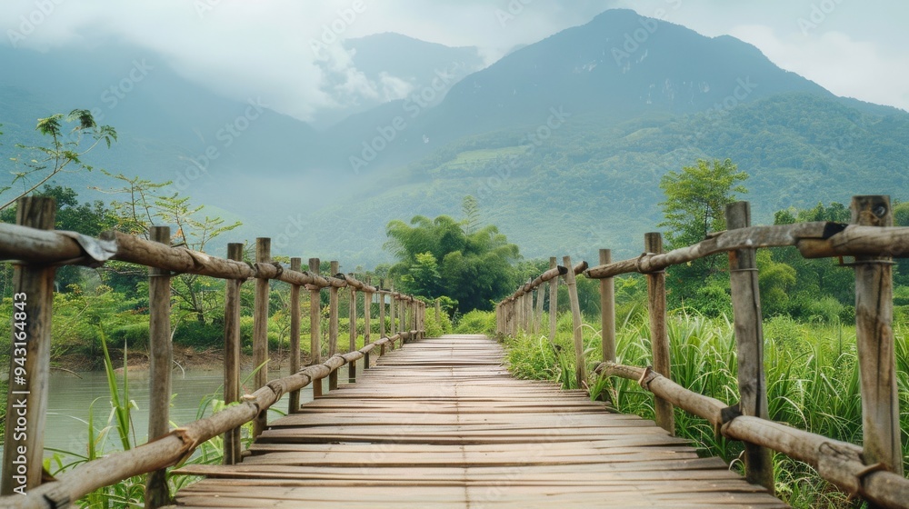 A scenic view of a serene wooden bridge leading into lush, misty mountains, inviting a feeling of tranquil exploration and connection with nature. A scenic view of a serene wooden bridge leading into lush, misty mountains, inviting a feeling of tranquil exploration and connection with nature.