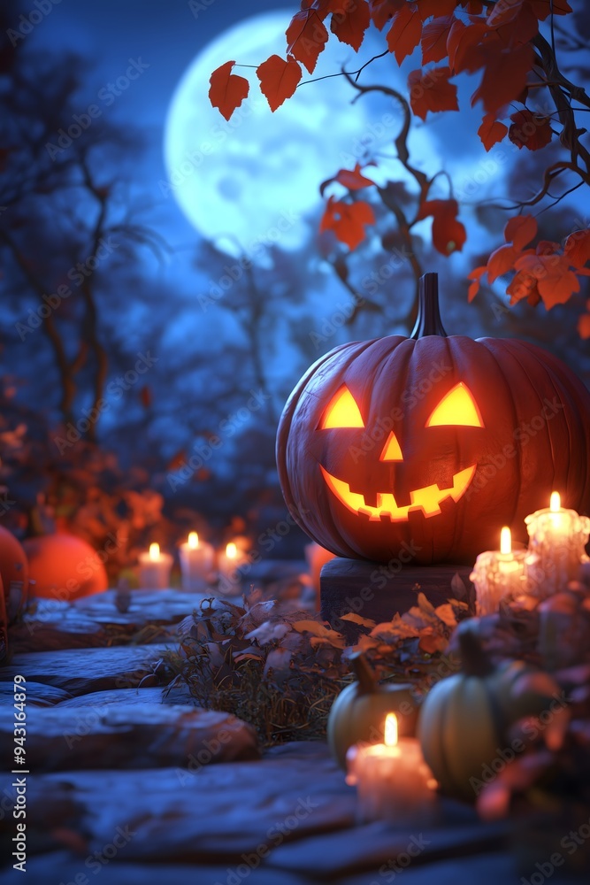 Halloween elements and candles under the moonlight. Halloween elements and candles under the moonlight.