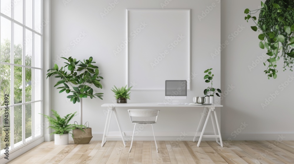 Fototapeta premium A minimalistic home office with potted plants, a clean desk, and a large window letting in natural light, promoting productivity and calm.