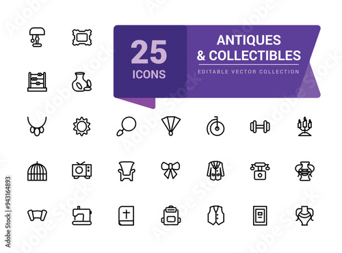 Antiques and Collectibles icon collection. Set of Antique Collectibles Icons. Minimal Linear icon editable vector stroke illustration.