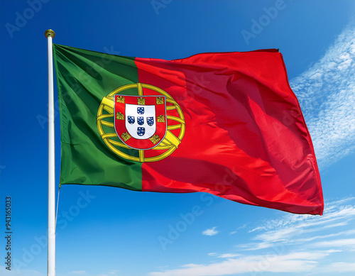 The flag of Portugal fluttering in the wind with blue sky background